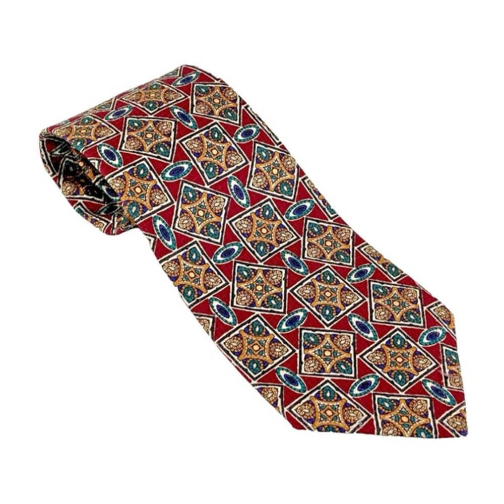 Burberrys Vintage Red‎ Silk Tie Art Deco Geometric Medallion Heritage USA Made
